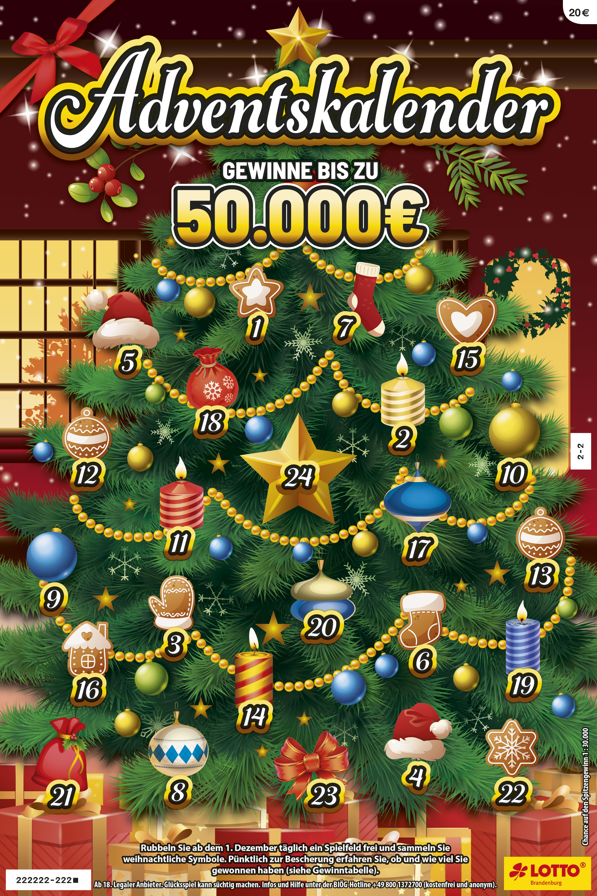 Adventskalender-Rubbellos mit 24 Spielfeldern