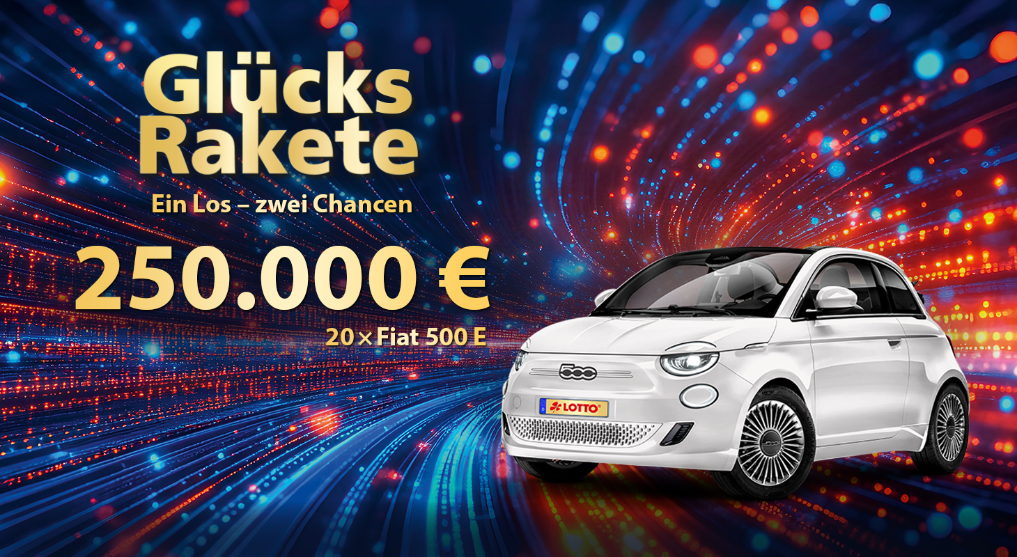 Glücksrakete 2025 Plakatmotiv mit Los und Fiat 500 Elektro